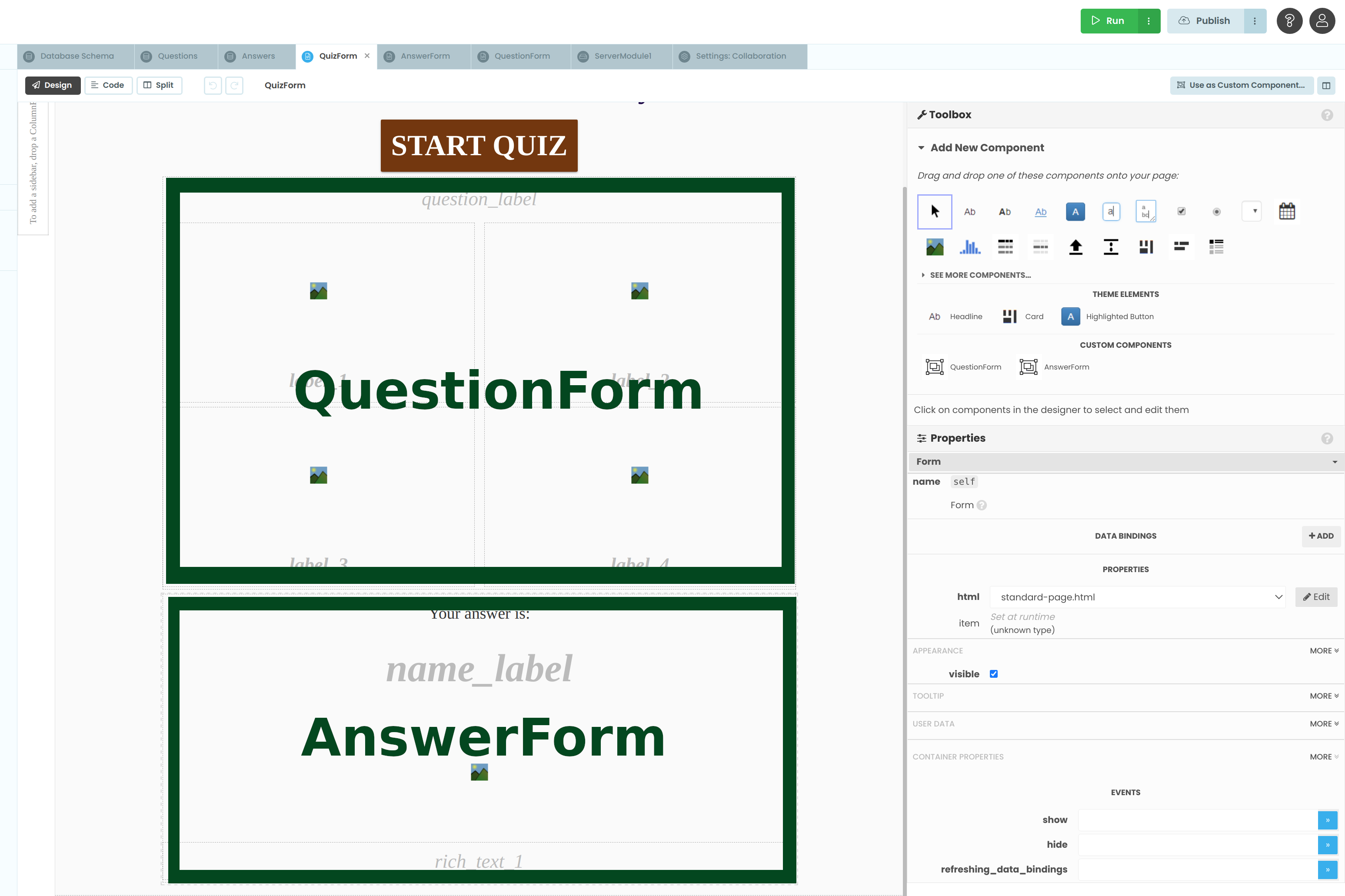 Our two small forms inside our main form, QuizForm.