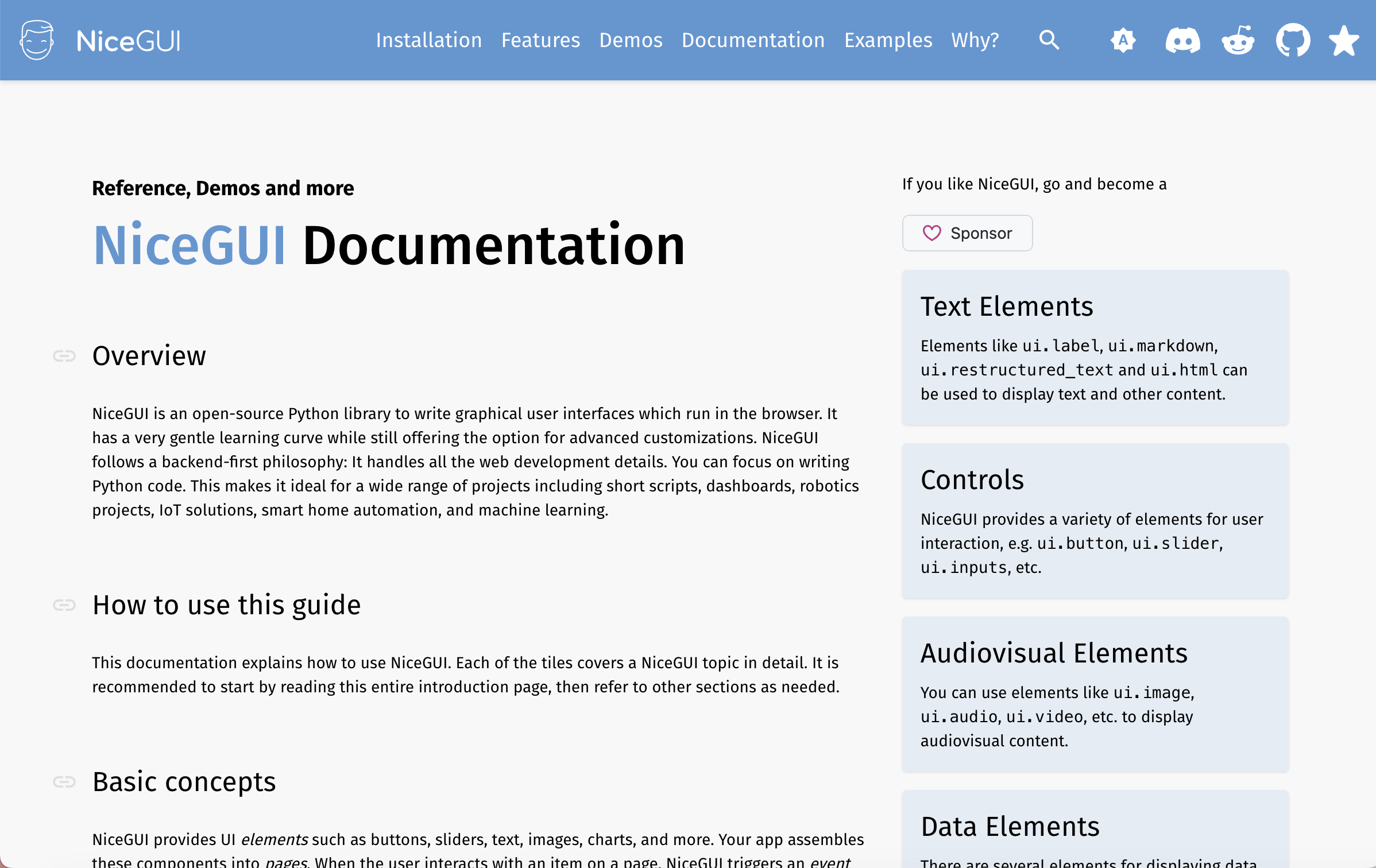 NiceGUI’s website was built using NiceGUI.