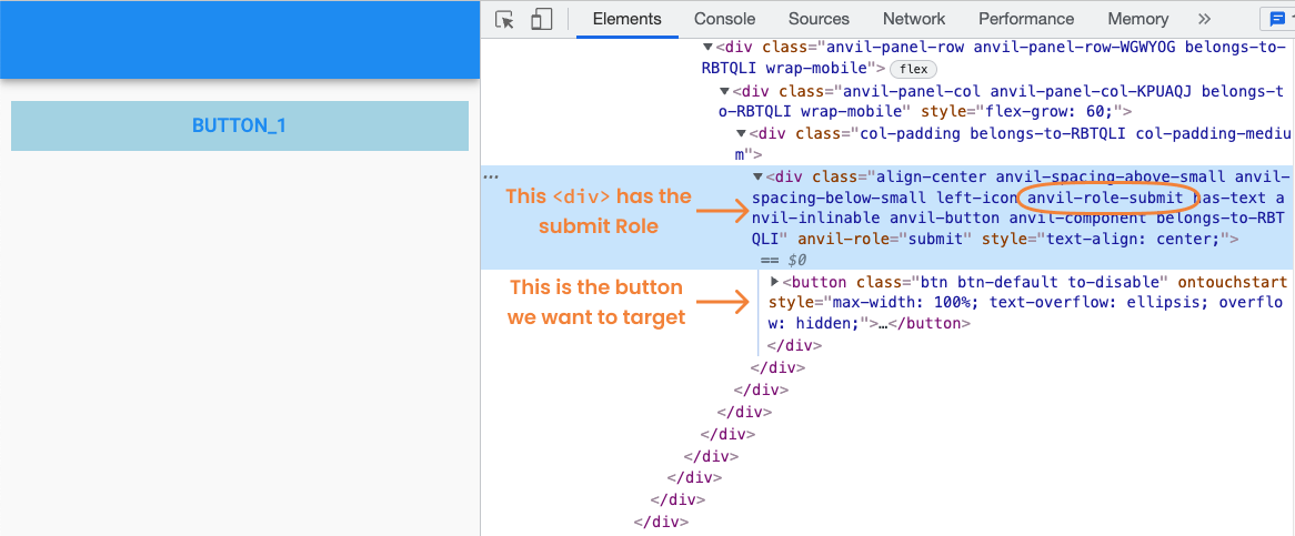 Screenshot of the dev tools showing the HTML for the outer <div> element and the <button> nested inside