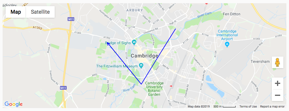 A GoogleMap showing Cambridge UK with two lines joined at an angle. One line ends in an arrowhead.