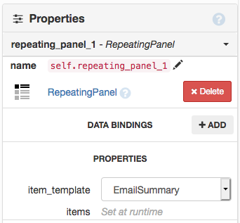 The Properties Panel for a RepeatingPanel, with a dropdown menu to select a Form to use as the template.