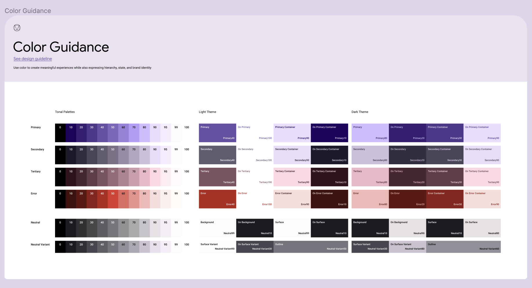 The color guidance frame in the Material 3 Design Kit Figma file