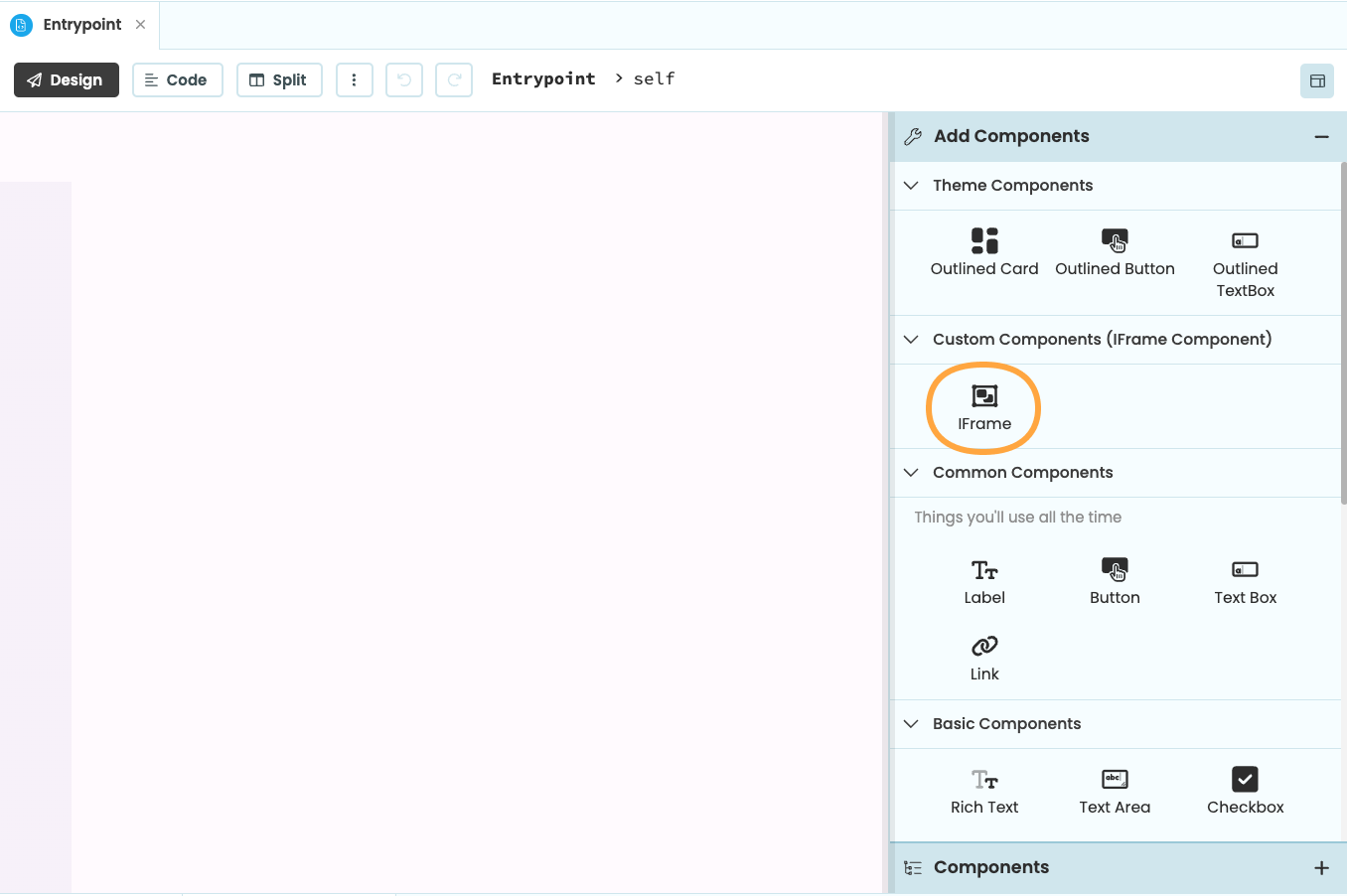 We&rsquo;ve dropped an IFrame component onto the Form (it&rsquo;s the empty white rectangle).