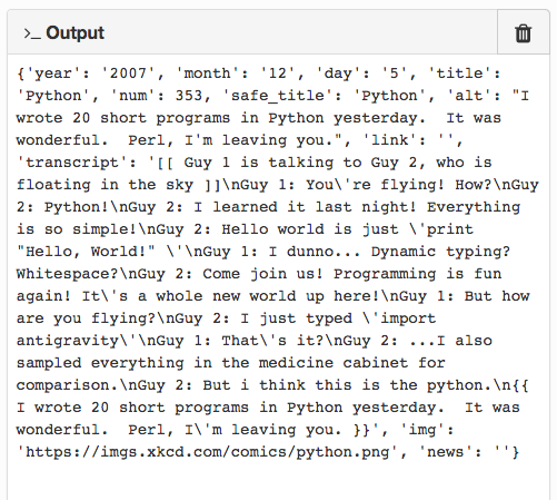 The Output Panel showing the XKCD API's rendering of the comic about Python