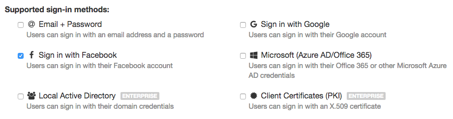 The various log-in options in the Users Service.