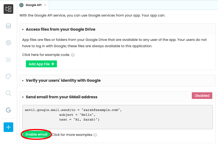 Enabling the sending of emails via Gmail in the Google API services dialog.