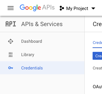 The side navbar of the Google Developer Console, with Credentials highlighted
