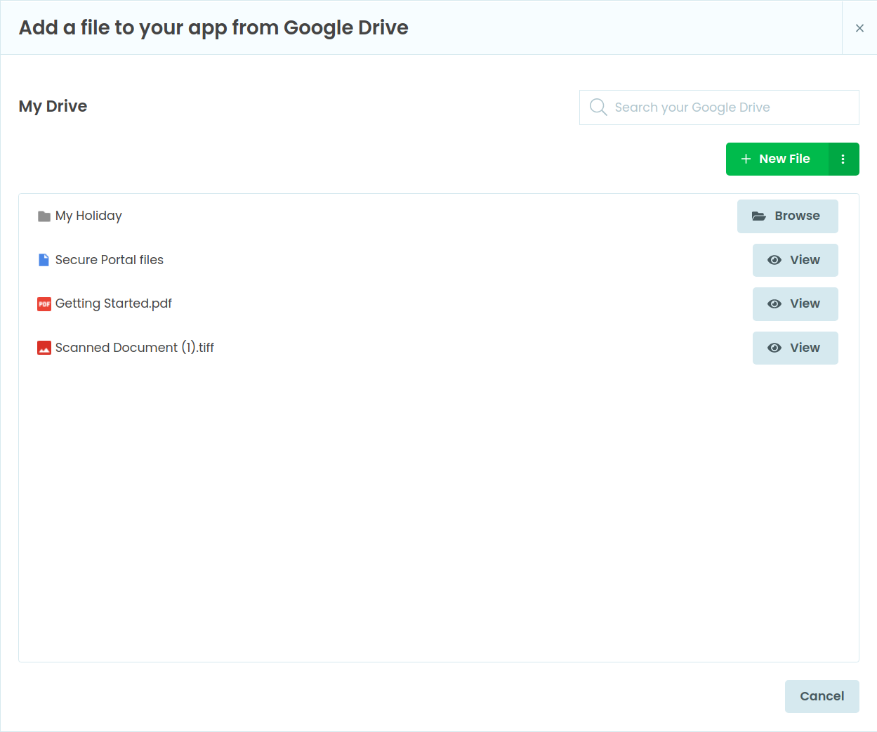 The Add An App File dialog, where you can browser your Google Drive files and select any you want to let Anvil see.