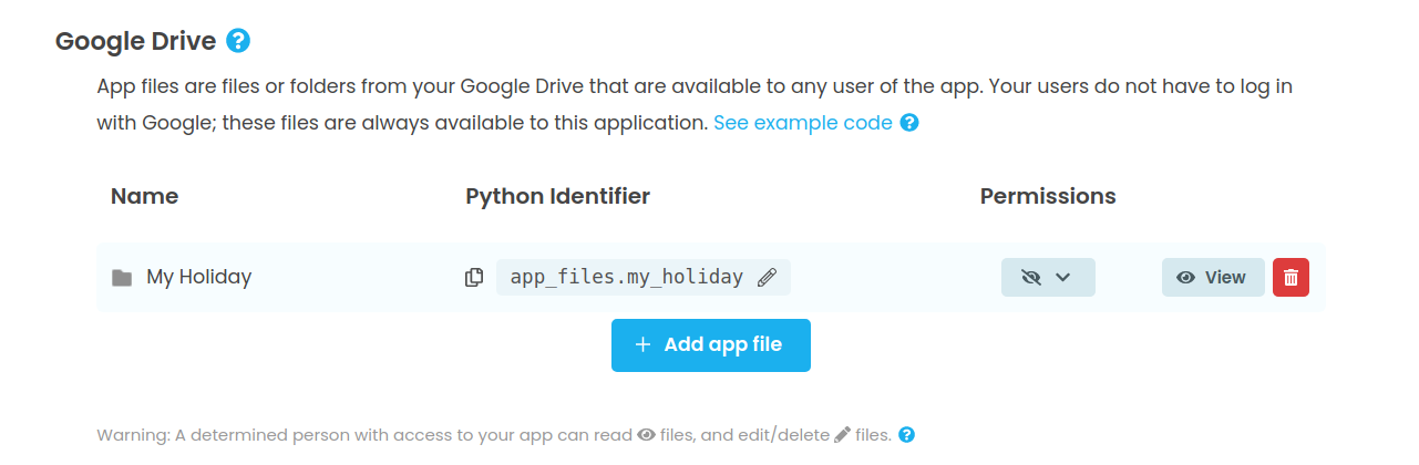 A file after adding to the Google API Service. There's a configurable Python Identifier that you can use to access it in Python code. You can set read and write permissions for client code.
