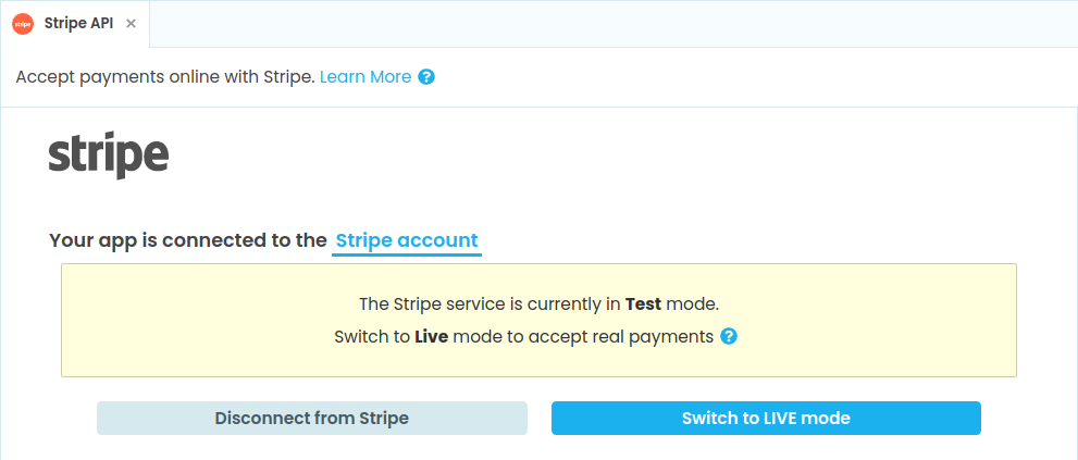 The Stripe Service in Test mode, with a button to switch to Live mode.