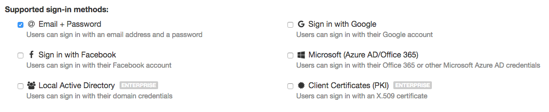 The Users Service UI showing check boxes for Anvil's built-in user auth integrations.