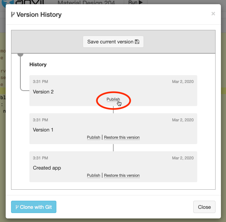 The Version History dialog. You can publish a particular version by clicking 'publish'