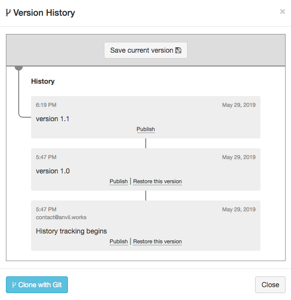 Version history tree with an initial commit and two other commits called 'version 1.0' and 'version 1.1'