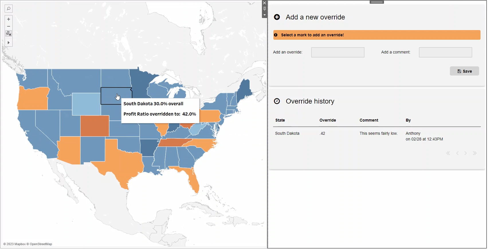 A Tableau dashboard with an extension for overriding data built with Anvil X