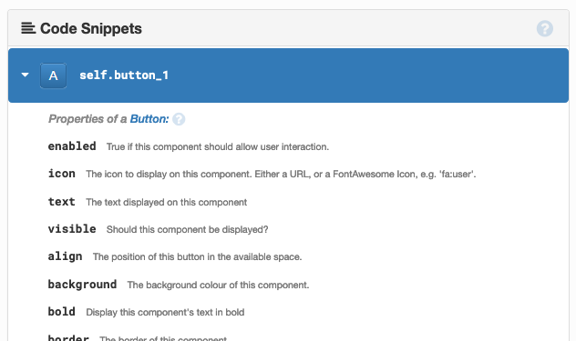Screenshot of code snippets for a selected button in code view