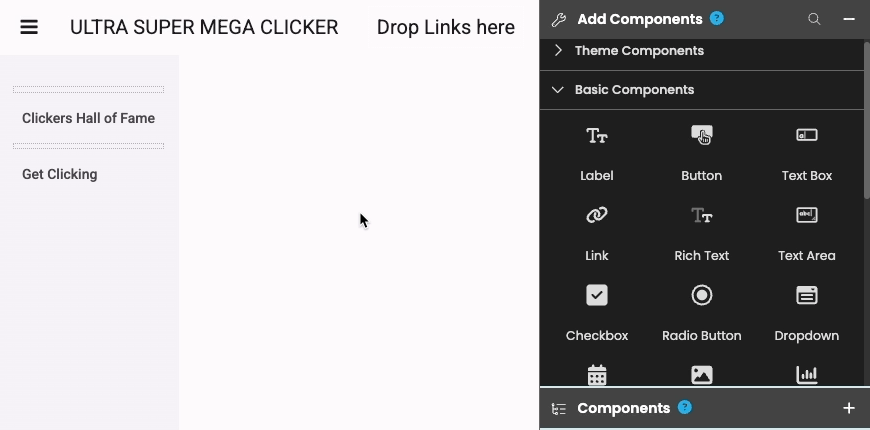 Gif of a user adding a label and a button to a page using the drag-and-drop interface.