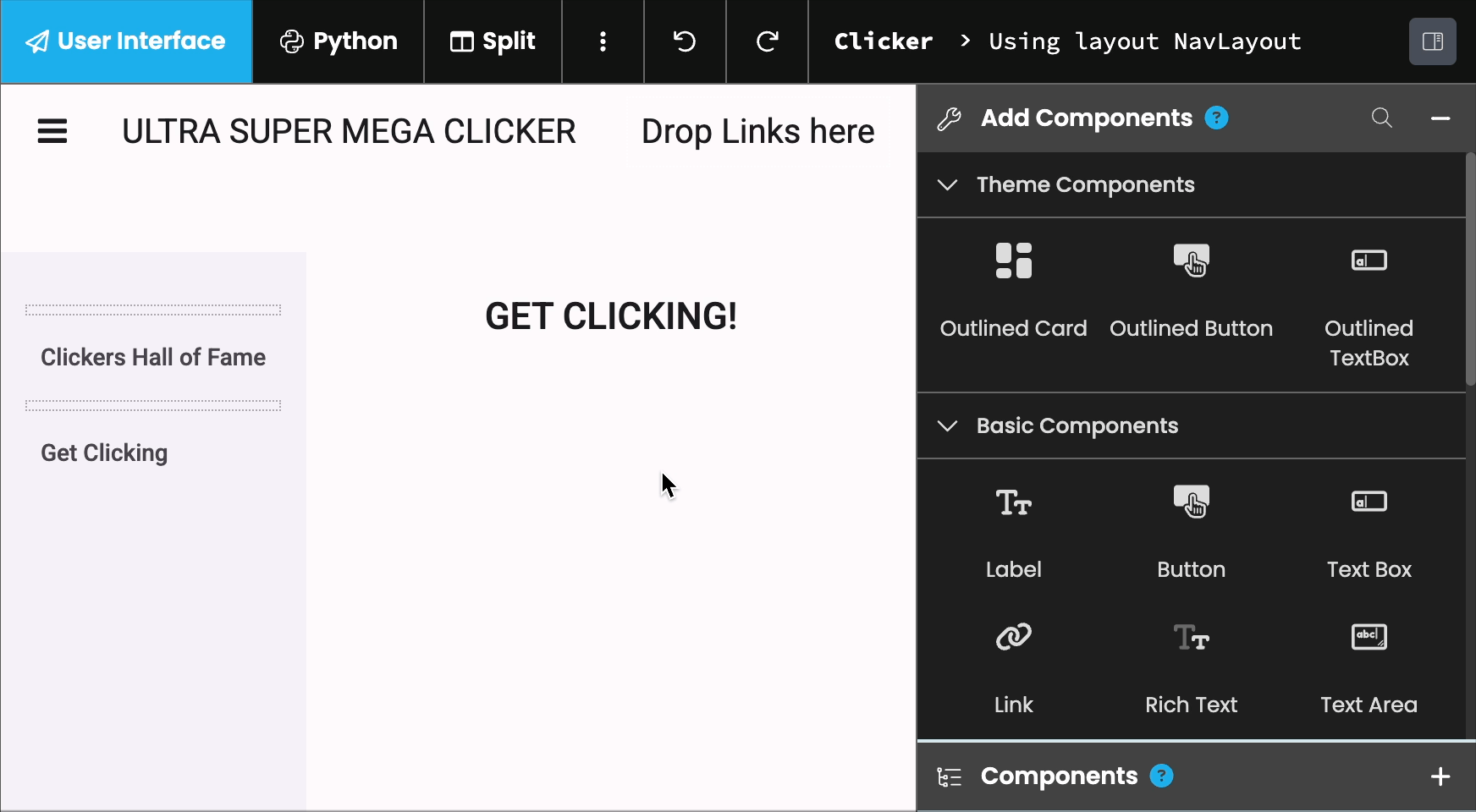 Gif of a user adding a button and configuring its click event.