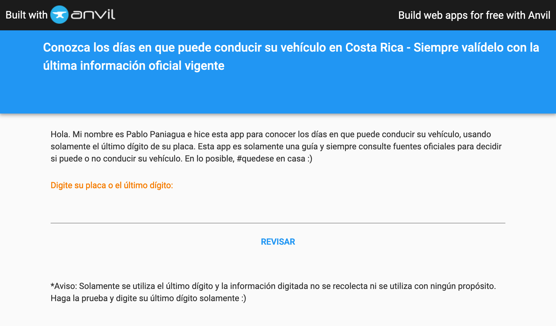 Pablo&rsquo;s app for checking vehicle lockdown restrictions in Costa Rica