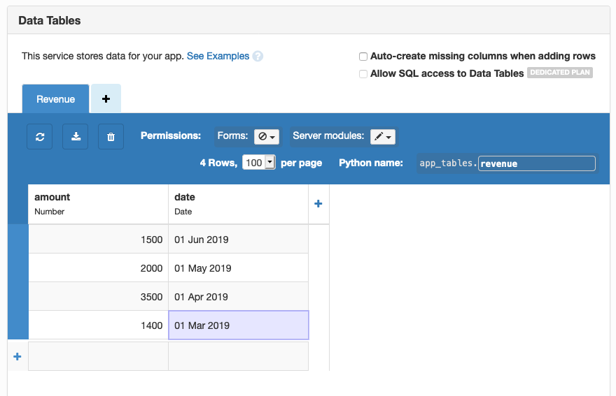 Screenshot of data added to data table