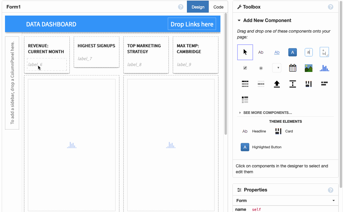 Screenshot of naming labels in cards at top of dashboard