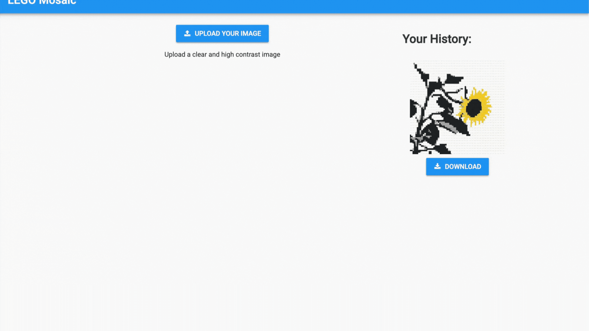 Demonstration of the complete LEGO Mosaic app showing user login, image generation, and a list of previously generated mosaics that users can view and download