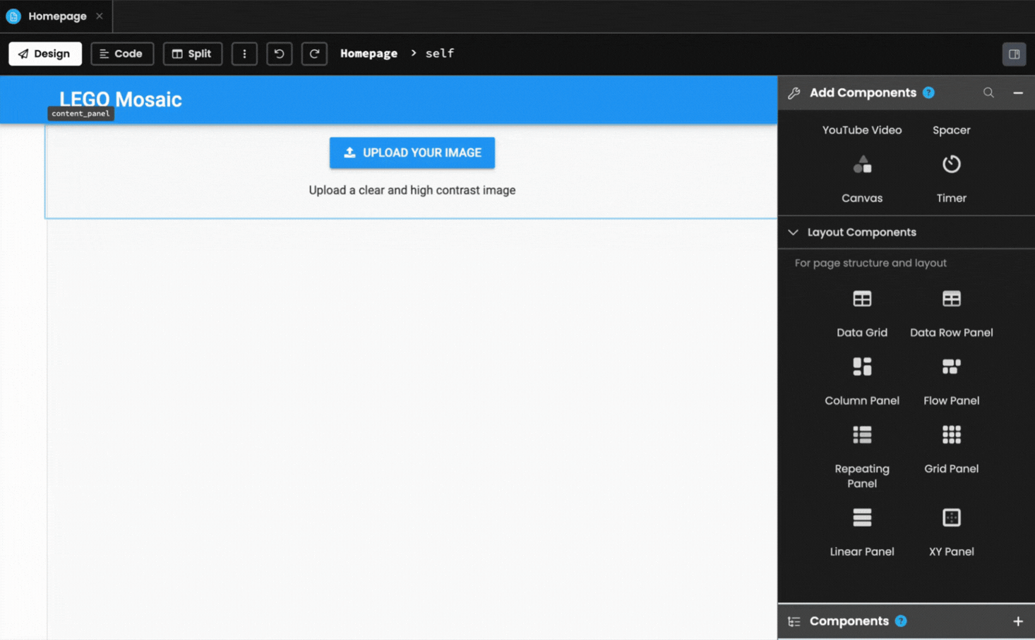 Screen recording showing the HistoryItem form being configured as a repeating panel in the Homepage