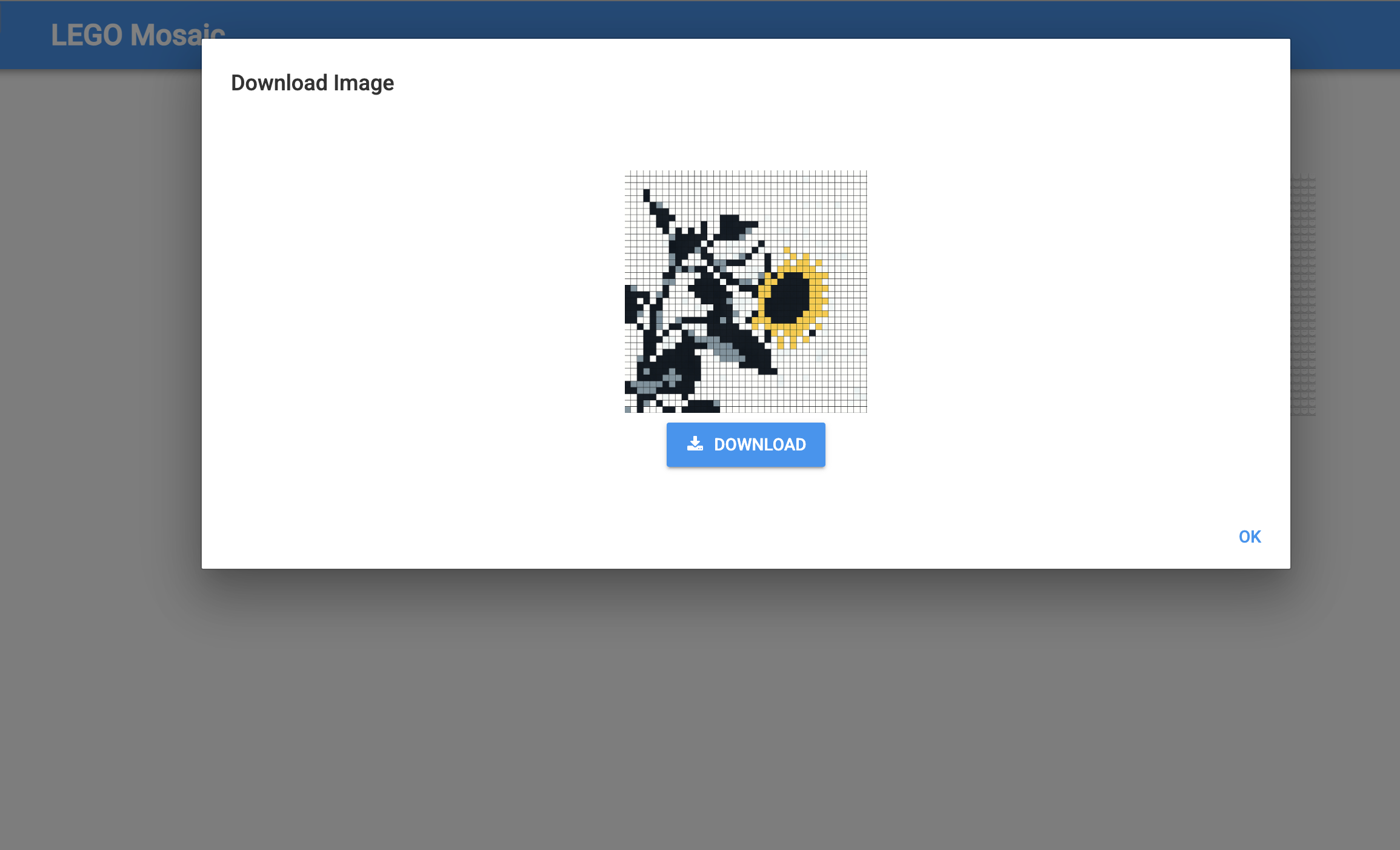 Alert dialog displaying the generated LEGO mosaic image with a download button for saving the result
