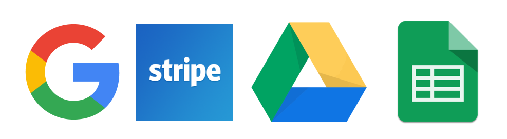 Authenticate with Google login, Accept credit cards with Stripe, Store files in Google Drive, Store data in Google Sheets