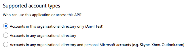 Radio button list from Azure AD Portal showing the account types you can restrict auth to (your org, all orgs, all MS accounts).