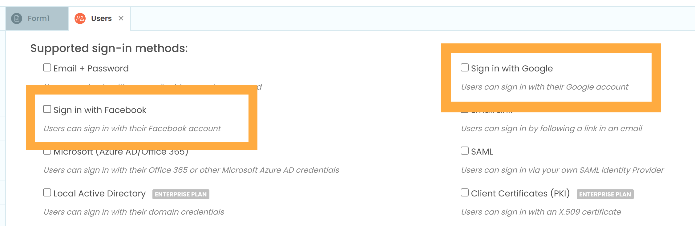 The Users Service configuration page, with the options to allow login with Google and Fcebook highlighted.