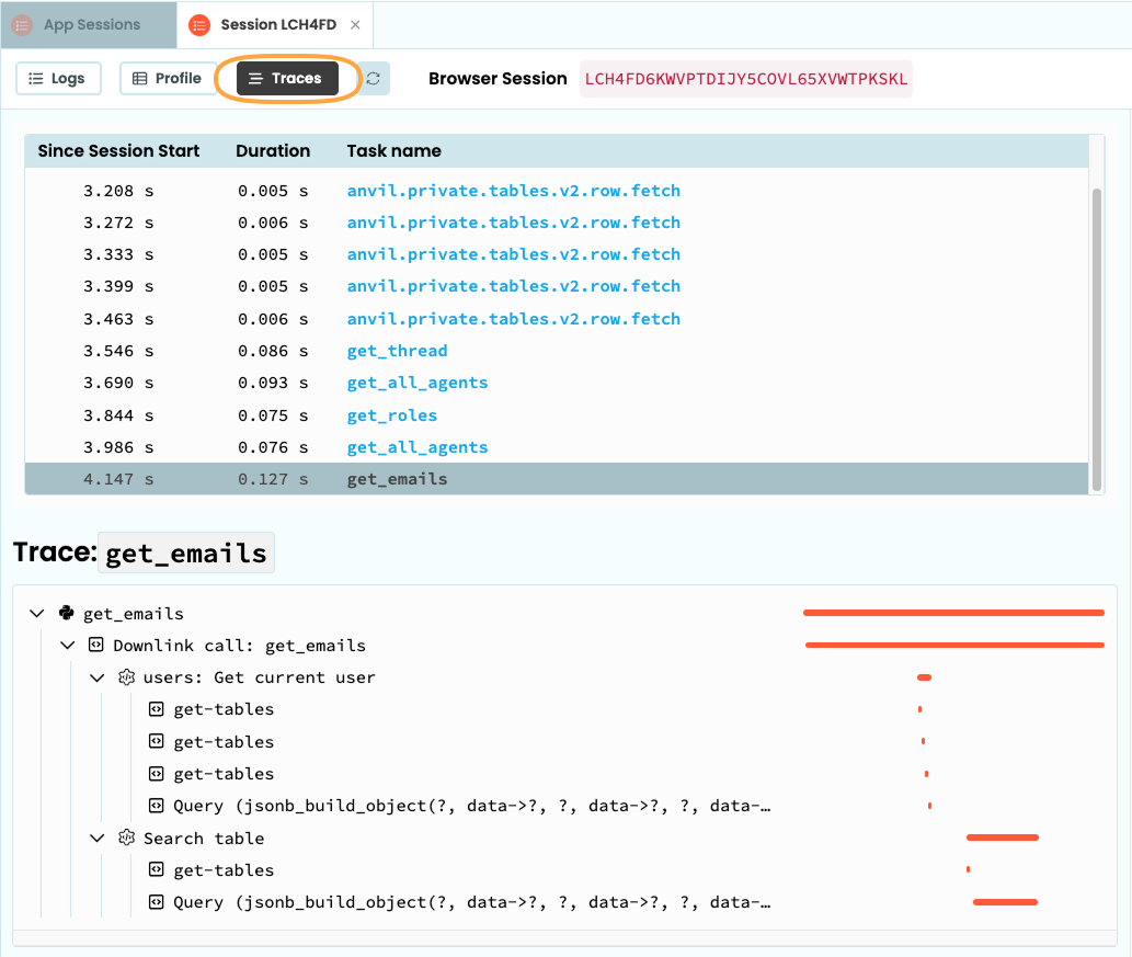 The Traces tab in the Anvil Editor provides insights into app performance.