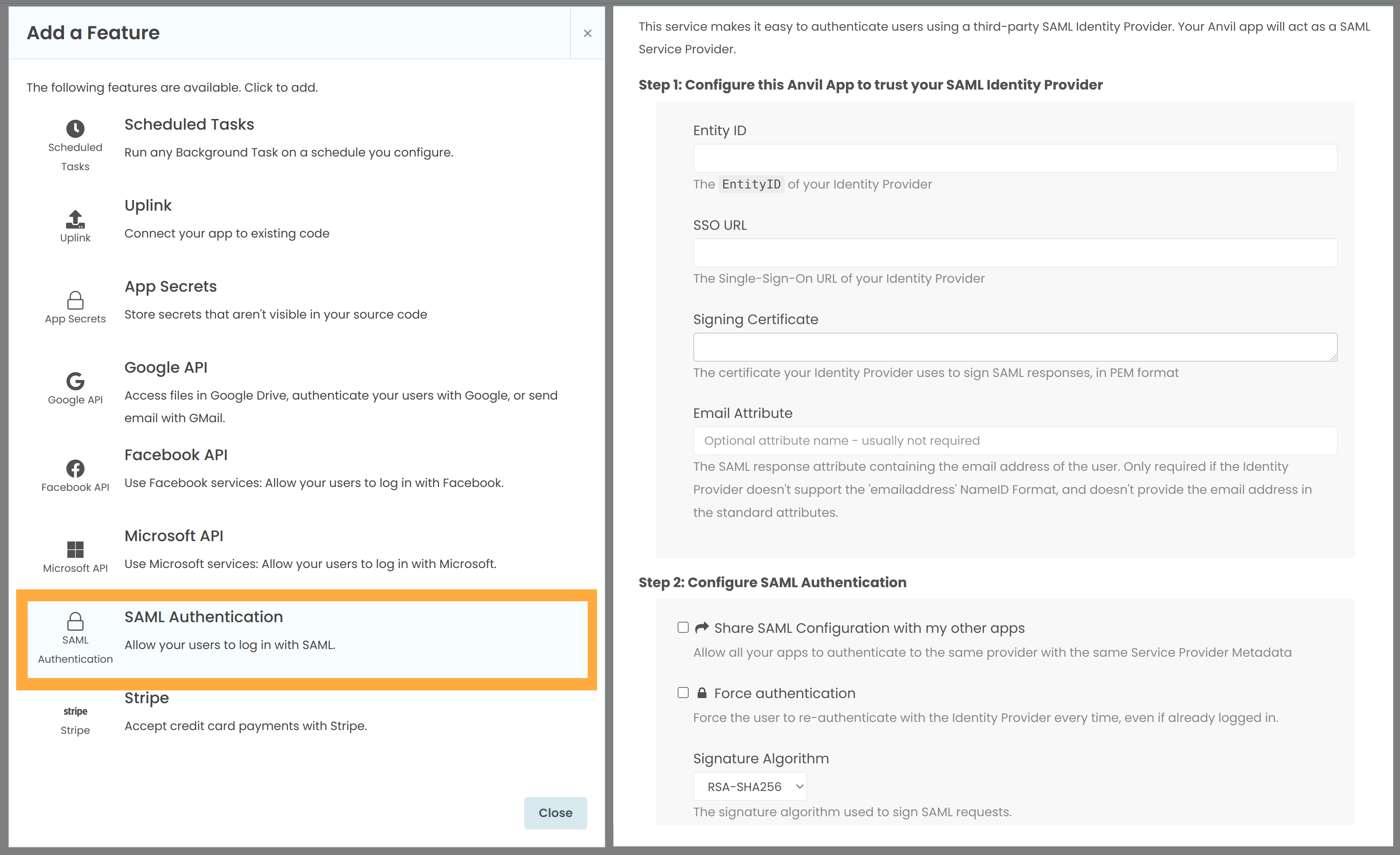 On the left, the Services menu showing how to add SAML authentication to your app. On the right, the SAML Configuration page for an app, once the service has been added.