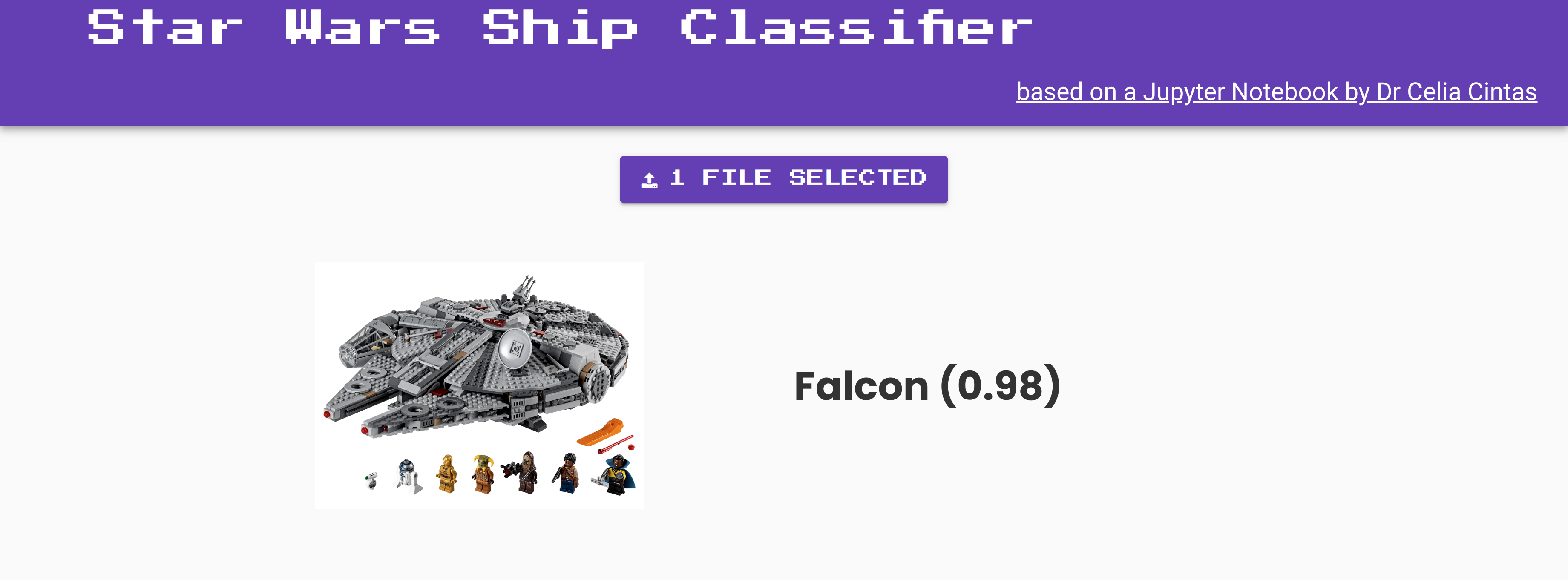 The classifier in action! Correctly identifying a Lego Millenium Falcon.