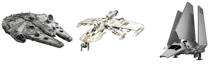 Millennium Falcon, K-Wing fighter and Lambda shuttle craft.