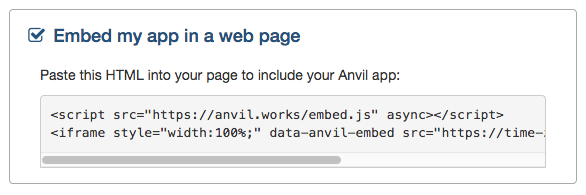 Anvil dialog showing how to embed your app in a web page using an Iframe