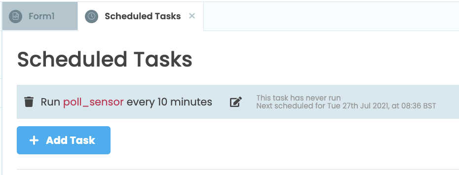 The Scheduled Tasks dialog showing the poll_sensor task set to run every 10 minutes.