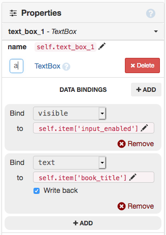Properties Panel for a TextBox
with two Data Bindings.
