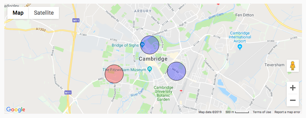 A GoogleMap showing Cambridge UK with on red and two blue translucent circles.