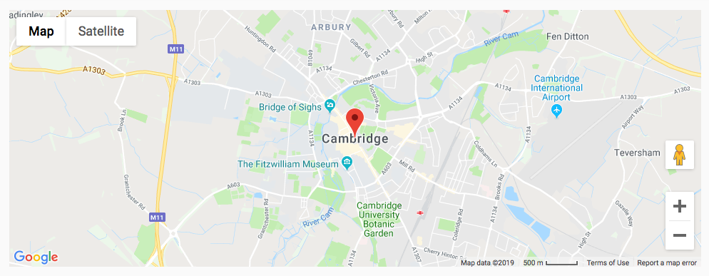 A GoogleMap showing Cambridge UK with a pin dropped in the centre.