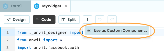 Location of the 'Use as custom component' option in the three dots menu above the Form itself