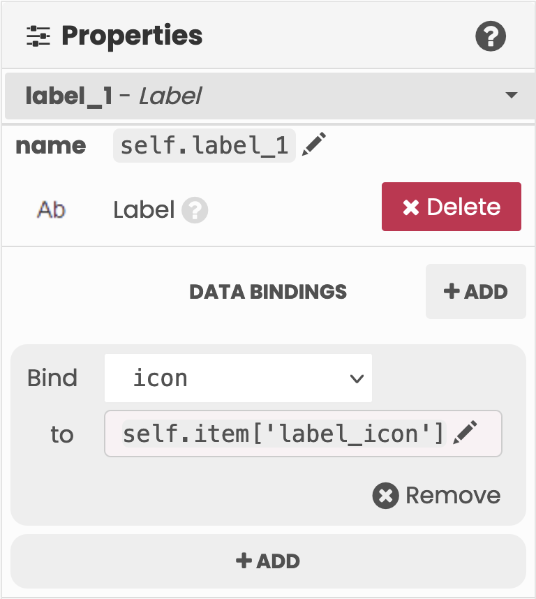 Properties Panel showing where Data Bindings are defined.