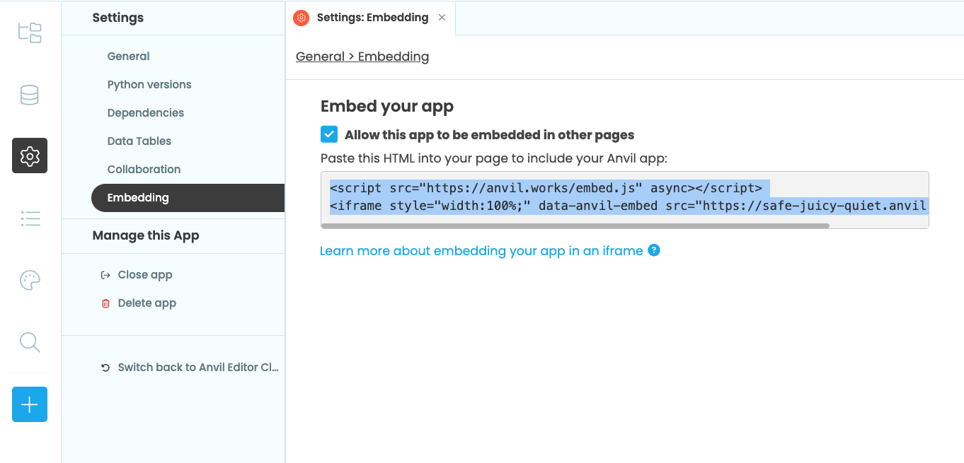 The Publish dialog with the 'Embed my app in a web page' box checked and the relevant Iframe code hint shown.