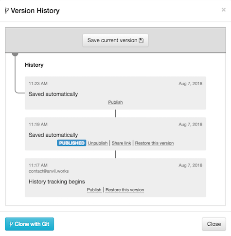 The Version History dialog showing three commits. The middle commit is marked as 'Published'.