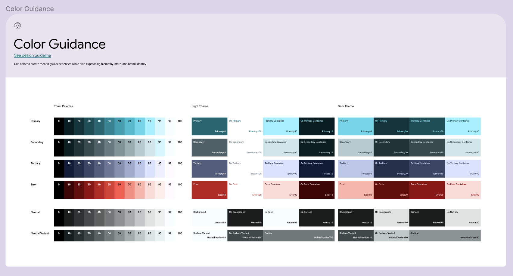 A generated color scheme using the Material Theme Builder Figma plugin