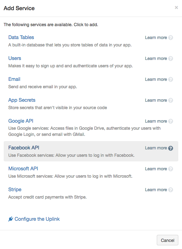 Services list with Facebook highlighted