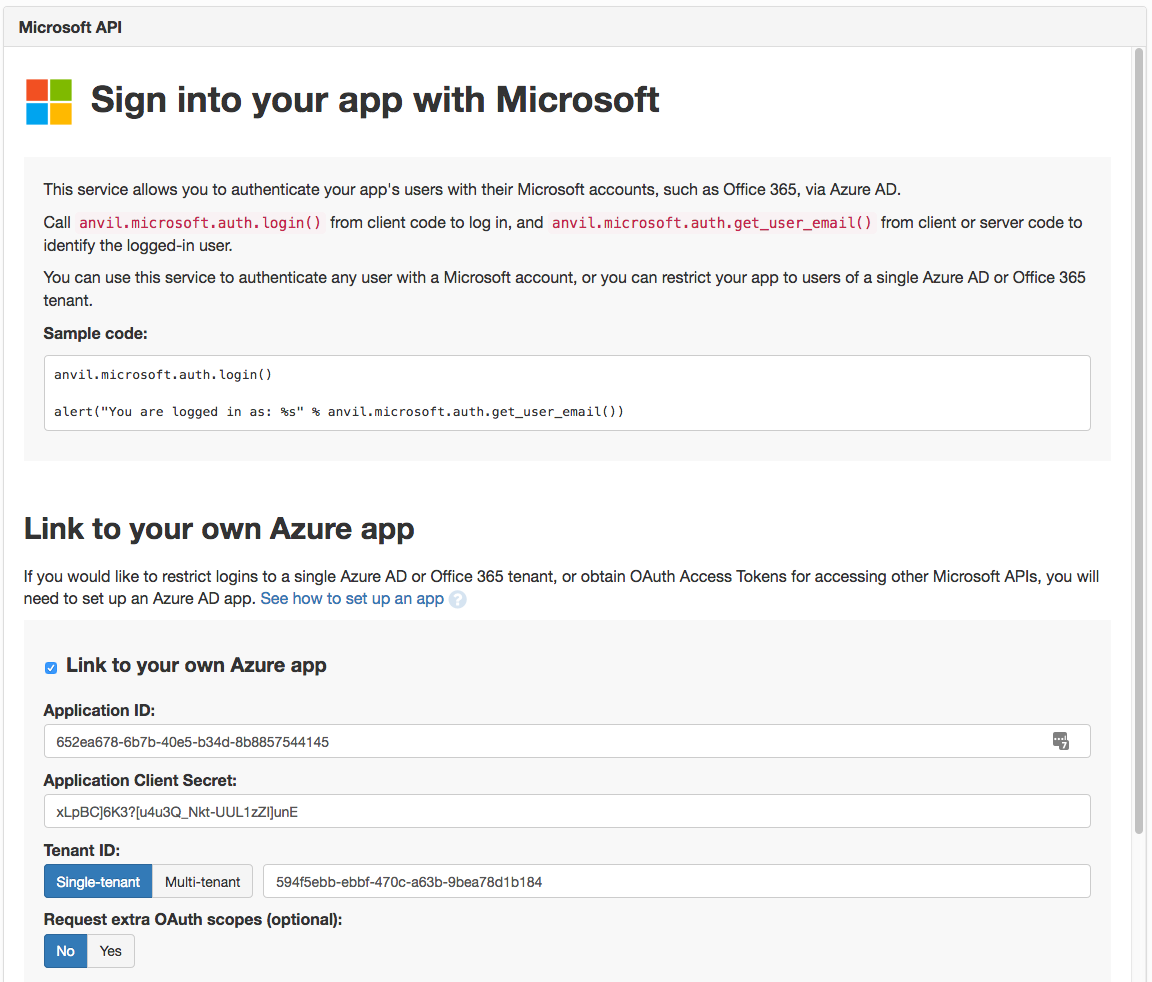 Anvil's Microsoft API Service config view. There is a 'link to your own Azure App' checkbox, which is checked. There are boxed for Application ID, Application Client Secret, and Tenant ID. These have the relevant keys copied in from Azure.