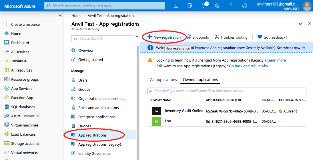 Azure Portal showing the screen for one Active Directory. The App Registrations menu item is circled in red, and the New Registration button is circled in red.