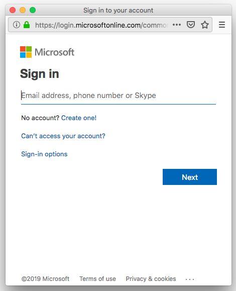 The Microsoft Single Sign On window.