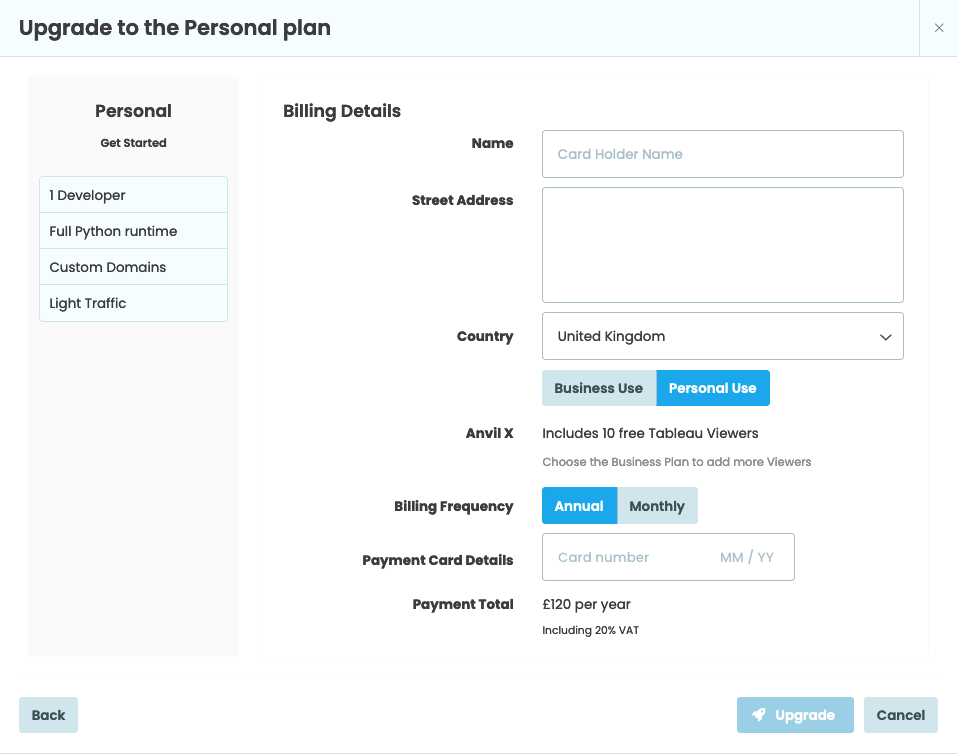 The billing details page