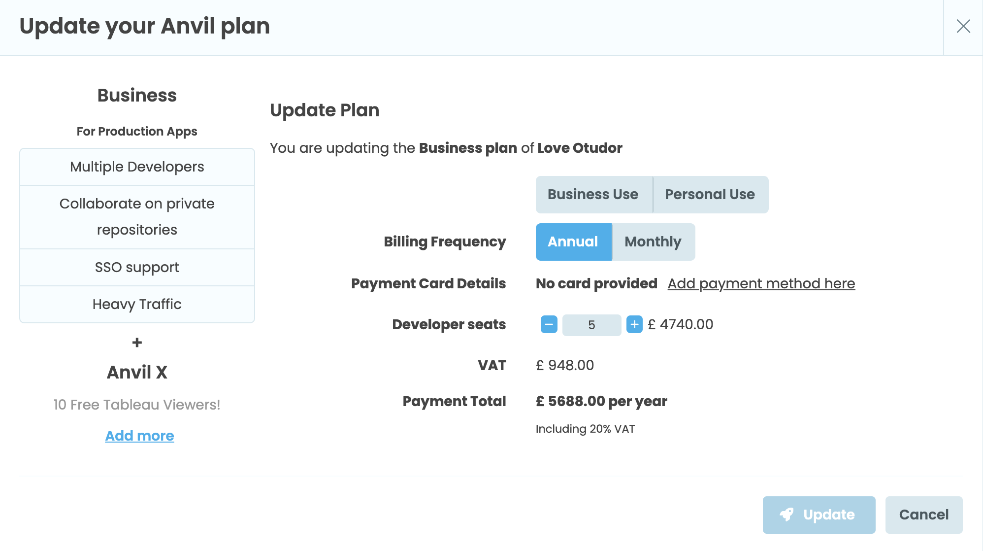 Update Plan window